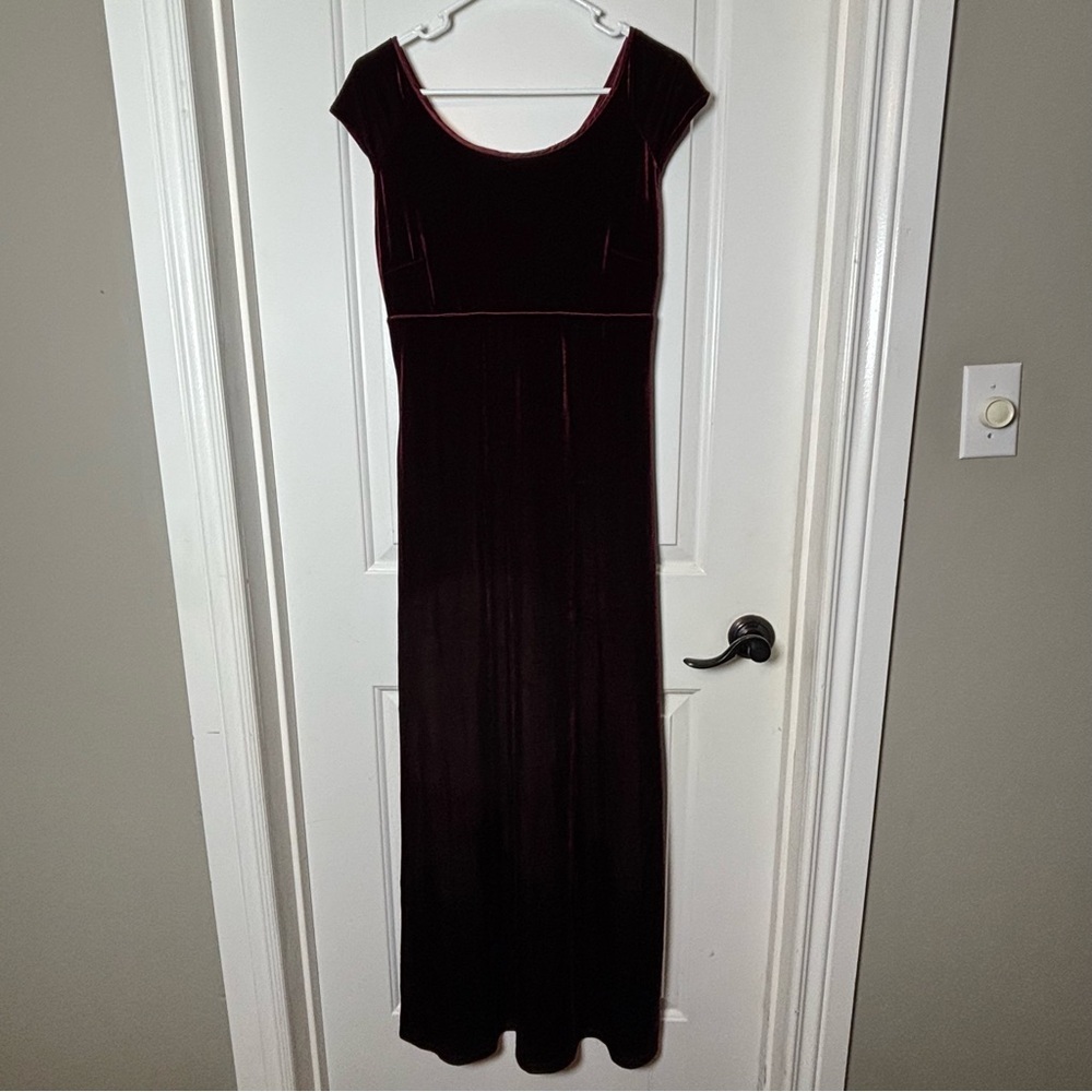 Vintage 90s full length velvet dress 12 dark red maroon empire waist cap sleeve
